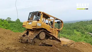 Excellent Work Caterpillar D6R XL Bulldozer Works to Widen Road in Mountains