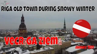 Riga Old town aerial video snowy winter 2021. Vecrīga no putna lidojuma sniegotā ziemā. DJI Mini 2