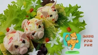 Glamorous New Year's Appetizer of crab sticks "Crab Pigs 2019"  Glamor New Year's Appetizer