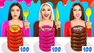 Desafío 100 capas de chicle VS comida de chocolate | Batalla de soplado 24 HRS por RATATA BOOM