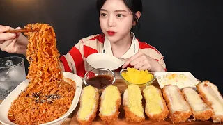 SUB)바삭바삭 달달한 고구마치즈돈까스에 불닭볶음면 먹방! 맵단맵단 꿀조합 리얼사운드 Pork Cutlet & Buldak Noodles Mukbang ASMR