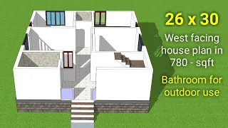 26' x 30' West facing house plan | Simple and compact floor plan within 800 square feet | 2bhk plan