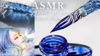 【ASMR】ガラスペンで青いイラストを描く音🎧女の子/金魚　SOUND and DRAWING by a beautiful glass dip pen✒ Blue illustration