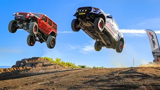 Ultimate Crash Battle! Raptor FULL Send to FLAT, Jeep Rubicon gets ROLLED by the Whoops
