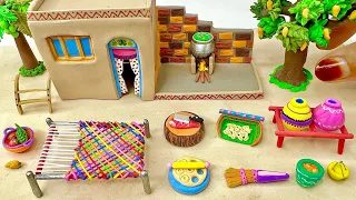 DIY How to Make polymer clay miniature house, kitchen set, Charpai, Tree | Clay miniature village