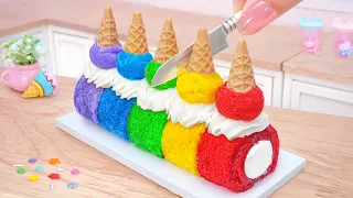 Rainbow Roll Cake 🌈 Tasty Miniature Rainbow Ice Cream Roll Cake Decorating 🍦Mini Cakes Making