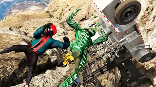 GTA 5 Stunning Ragdolls #144 - Spiderman Miles Morales And Green Goblin Crazy Mountain Falls