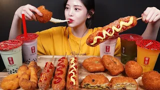 SUB)파삭쫀득 꽈배기에 대왕핫도그 먹방!🌭 고로케 치즈볼 공차 버블티까지 디저트 꿀조합 리얼사운드 Corndog, Bubble Tea Dessert Mukbang Asmr