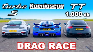 Koenigsegg v Audi TT 1.000 dk v Porsche 911 Turbo S: DRAG RACE