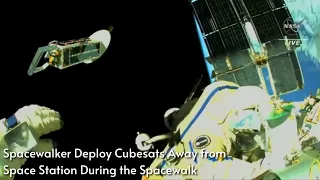 Spacewalker deploy cubesats away from space station during spacewalk in this wonderful view