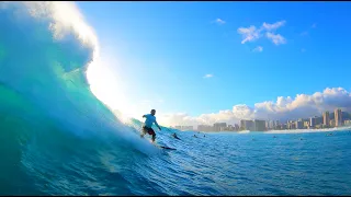 Surfing Waikiki Publics and Canoes Big Swell Paradise 4K