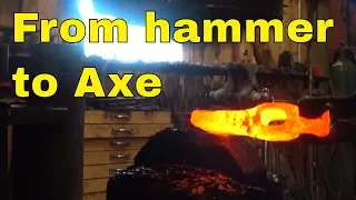 Camp axe forged from repurposed ball peen hammer