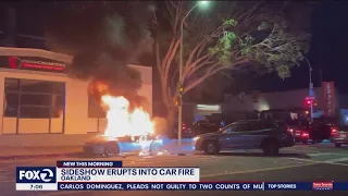 Multiple sideshows inundate the Bay Area early Saturday morning, one car erupts in flames