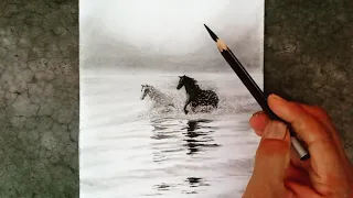 Pencil drawing landscape of two horses running and their shadows in the ocean waves at sunset.