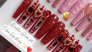 HOW TO make extra long BLING VALENTINES DAY PRESS ON NAILS for beginners! How to make press on nails