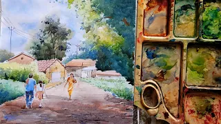 How to draw a village scenery #viral #landscape #watercolor #villagelife #outdoors #tutorials #art