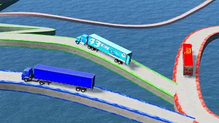 Mack Truck Vs King Dinoco Truck Vs Thomas Truck Vs Impossible Wave Bridge Deep Water - BeamNG.Drive