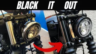 Harley Davidson Street Bob 114 gets blacked out - fork cover,  reflectors, headlight, screws...