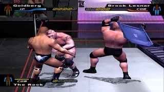 #wwe TLC Title Triple Threat Match Brock Leshar vs Goldberg & The Rock