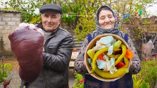 We Cooked Very Delicious Beef Liver Kebab and Kutab in Our Village House, Rural Life in Azerbaijan