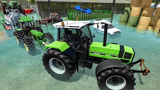 Flooded FARM full of tractors | Rescue in deep water with tow bar | Farming Simulator 22