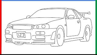 How to draw fast and furious movie racing cars Nissan Skyline GTR r34 Step by Step for Beginners