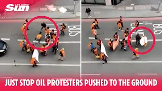 Angry bystander pushes Just Stop Oil protesters to the ground and rips up banners