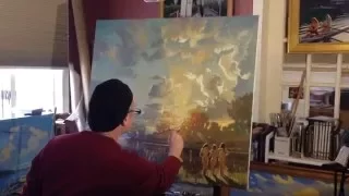 Cayuga Crepuscular Light,  Three Graces- oil painting demo, a landscape with three  nudes