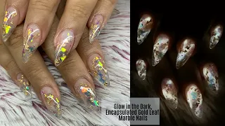 WATCH ME WORK: Glow in the Dark/Encapsulated Gold Leaf, Acrylic Marble Almond Nails
