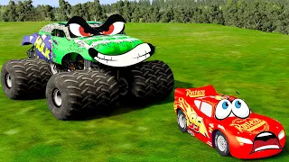 Angry HULK Monster Truck Chasing Lightning McQueen - BeamNG.Drive