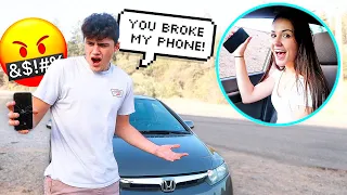 THROWING MY FIANCES PHONE OUT THE CAR WINDOW PRANK!