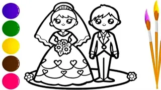 Cute Bride & Groom Drawing Painting Colouring for kids Toddlers | How to draw Bride & Groom easy