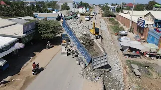 Wonderful Best Road Widening with Power Dump Truck Unloading Gravel Rock Excavator Leveling at Work