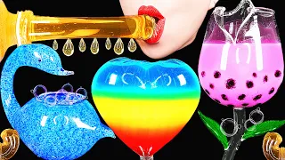 ASMR HONEY JELLY EATING, RAINBOW DRINK, EDIBLE FROG EGGS, BOBA DRINKING SOUNDS, BIRD GLASS 신기한 물먹방