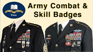 Army Combat, Skill and Marksmanship Badges with uniform examples. CIB, EIB, CMB, EMD, EOD, ABN Badge