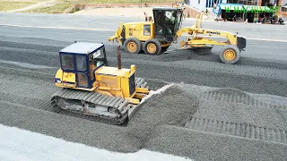 Perfect Activity Komatsu Dozer & Grader Team Spreading Gravel Finish Foundation New Roads & Trimming