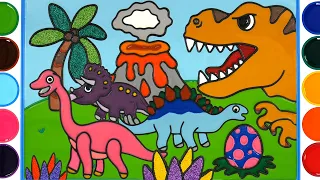 Menggambar Dan Mewarnai dinosaurus | Jelly Painting With Colors foam clay Volcanic lava