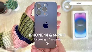 iPhone 14 & 14 Pro (blue & deep purple) aesthetic + asmr unboxing and accessories | shot on 14 pro