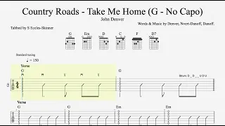 Country Roads (Chords in G - No Capo) - Guitar Tab - Playthrough & Backing Track