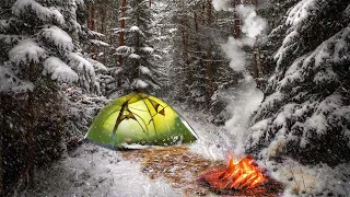 Hot Tent Camping in Snow | Cooking Trout on an Open Fire in the woods during the blizzard.