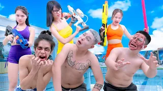 AMAZING POOP SPICY PRANK BATTLE Nerf guns Rescue Girl ESCAPE UNDERWATER PRANK | POOL NERF WAR