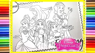 Coloring Disney Princess Cinderella Belle Ariel Rapunzel & Snow White - Coloring Pages for kids