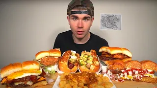 Eating LOADED Hot Dogs & BURGERS Mukbang + CHILI CHEESE Tots