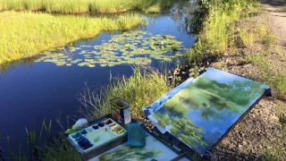 View from my easel:  painting waterlilies in July