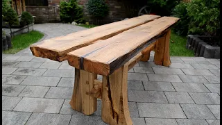 Bench made from a very old oak log
