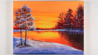 Winter Lake at Sunset | Winter Painting | Acrylic Painting for Beginners