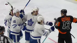Kevin Hayes goes to Michael Bunting after Auston Matthews scored his 51st goal of the season