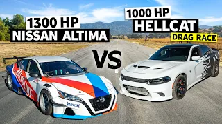 1,300hp Altima Drift Car races Twin Turbo 1,000hp Hellcat // THIS vs THAT