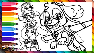 Draw and Color the Girl Pups of the Paw Patrol SKYE, EVEREST, and LIBERTY 🐾🐶🎀🚁❄️🌇🌈 Drawings For Kids