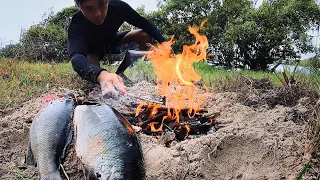 Primitive Cooking Fish On Coals! Pole Spearing Catch & Cook